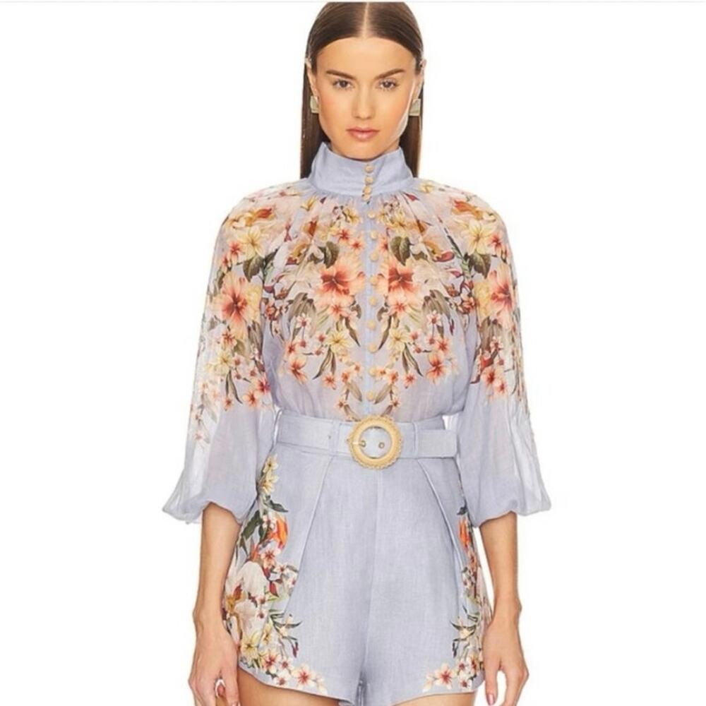 Zimmermann Womens Lexi Floral Print Ramie Blouse Sheer Button Up Mock Neck NWT M